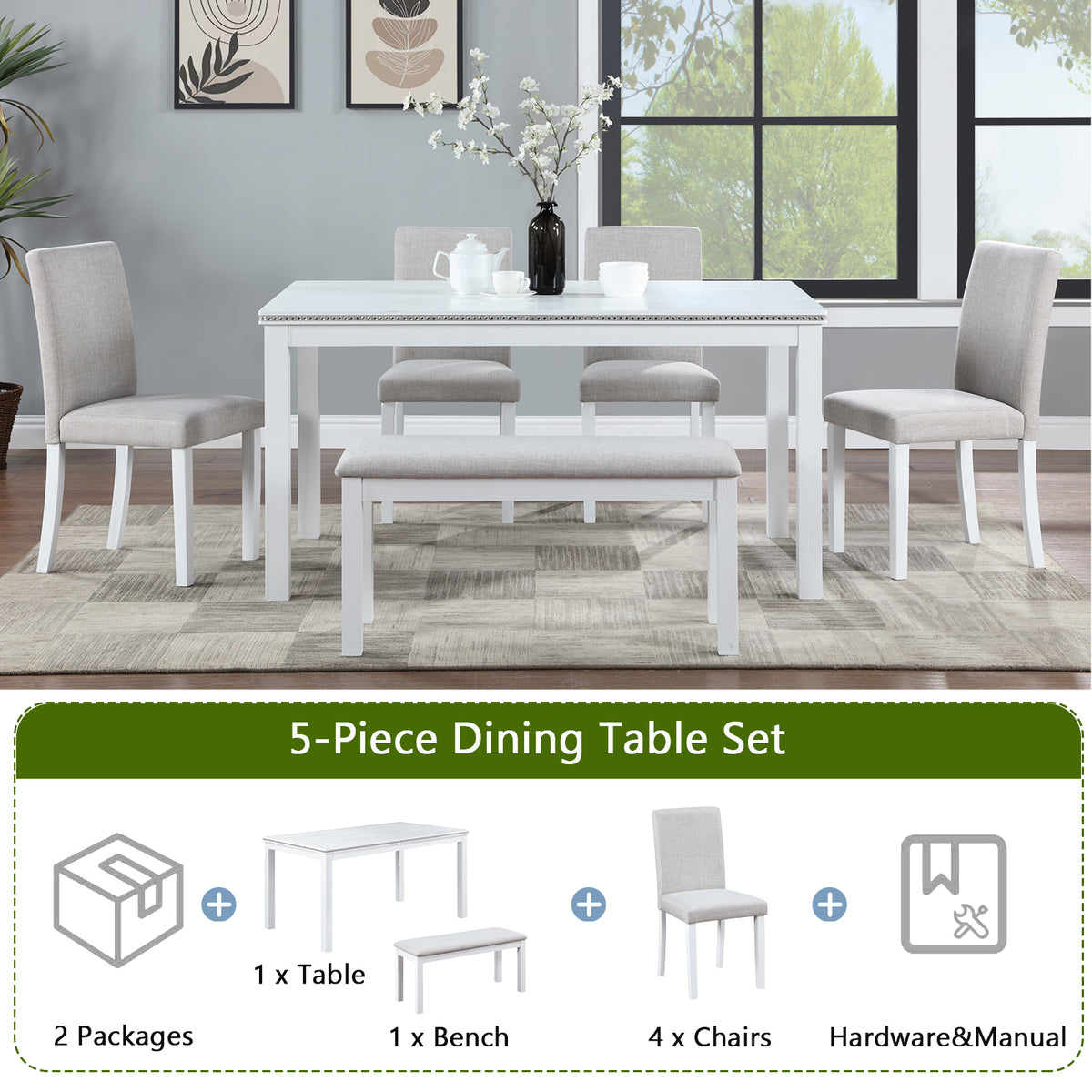 Wooden Dining Rectangular Table with Bench, Kitchen Table with Bench for Small Space, 6 Person Dining Table, White W1998S00046-djyc