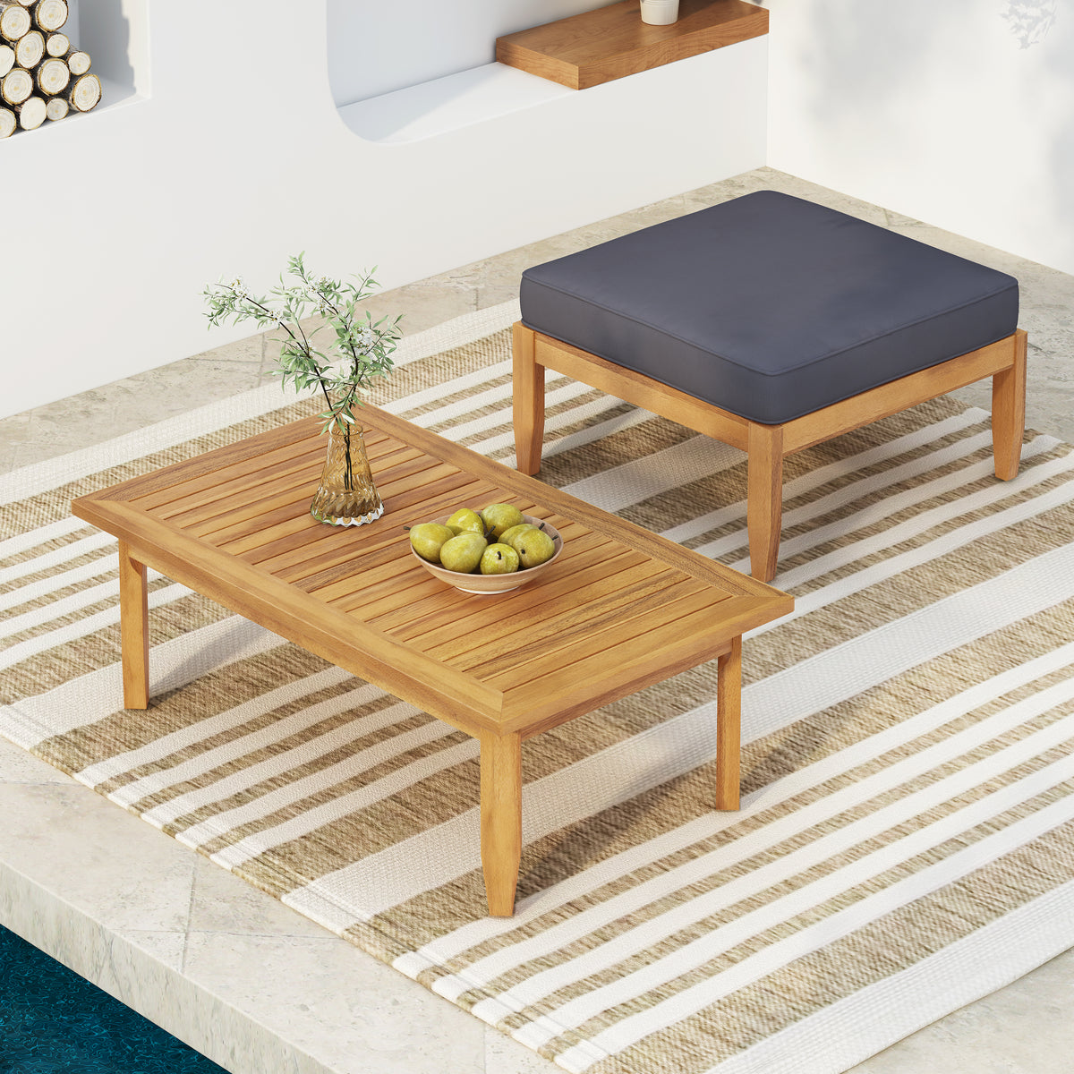 Aston Mid-Century Modern Ottoman & Coffee Table Set – Acacia Wood Frame, Slat Design, Water-Resistant Cushions 74100.00DGRY-djyc