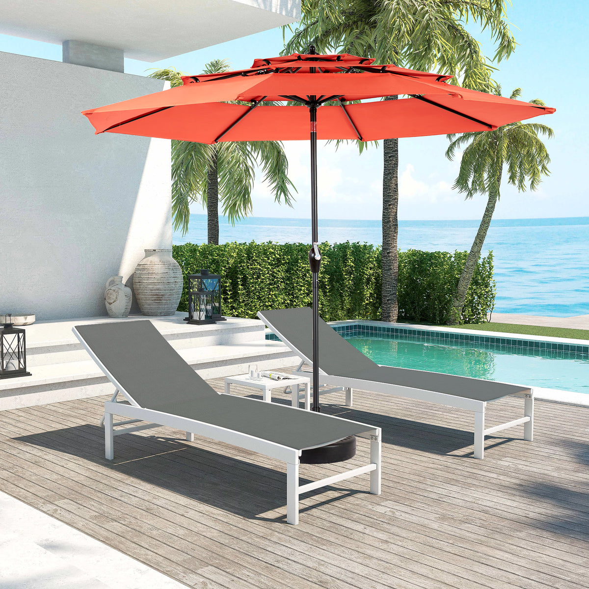 Aluminium 10ft 3 Tier Auto-tilt Umbrella ,Outdoor Patio Umbrella - Market Table Pool Deck Umbrella (Base Not Included) - (orange ) W640P234556-djyc