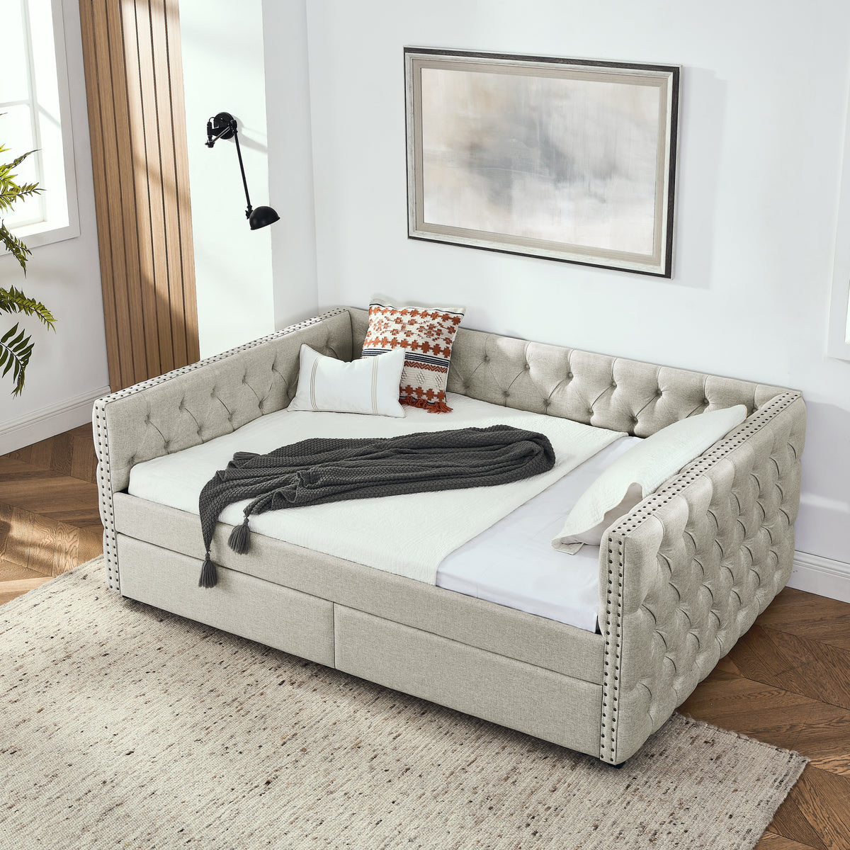 Upholstered Full Size Daybed with Two Drawers, with Button and Copper Nail on Square Arms, Beige (82.75''x58''x30.75'') W487S00219-djyc