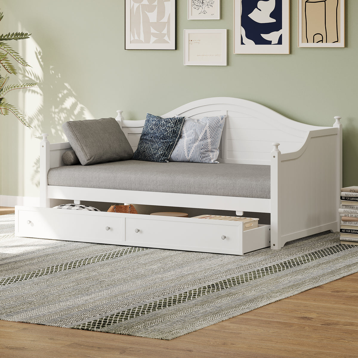 Twin Size Wood Daybed with 2 Storage Drawers ,Wooden Sofa Bed with Handrail for Living Room Bedroom, White BS701P210915K-djyc