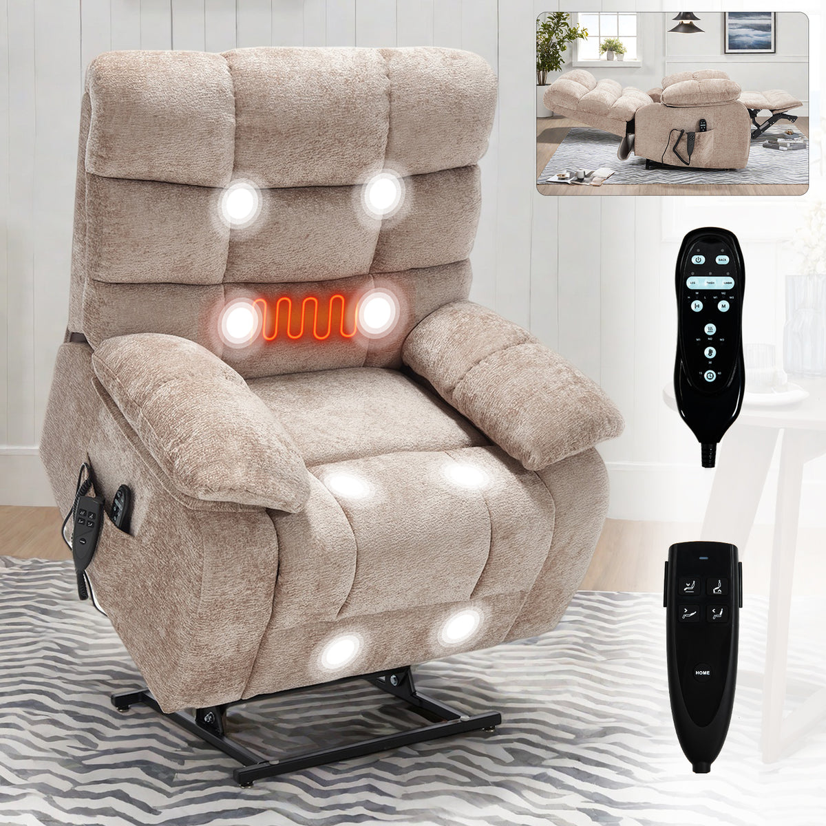 Lift Recliner Chair Heat Massage Dual Motor Infinite Position Up to 350 LBS Large Electric Power Lift Recliners with Power-Remote, Medium-firm and Heavy duty, Beige W1803P263421-djyc