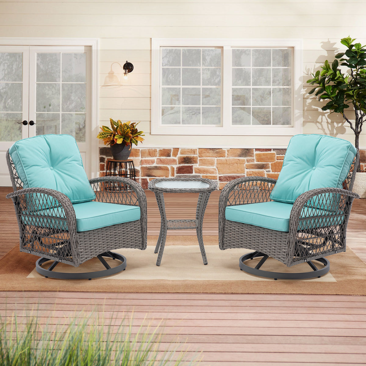 3 Pieces Outdoor Swivel Rocker Patio Chairs, 360 Degree Rocking Patio Conversation Set with Thickened Cushions and Glass Coffee Table for Backyard, Blue W640142359-djyc