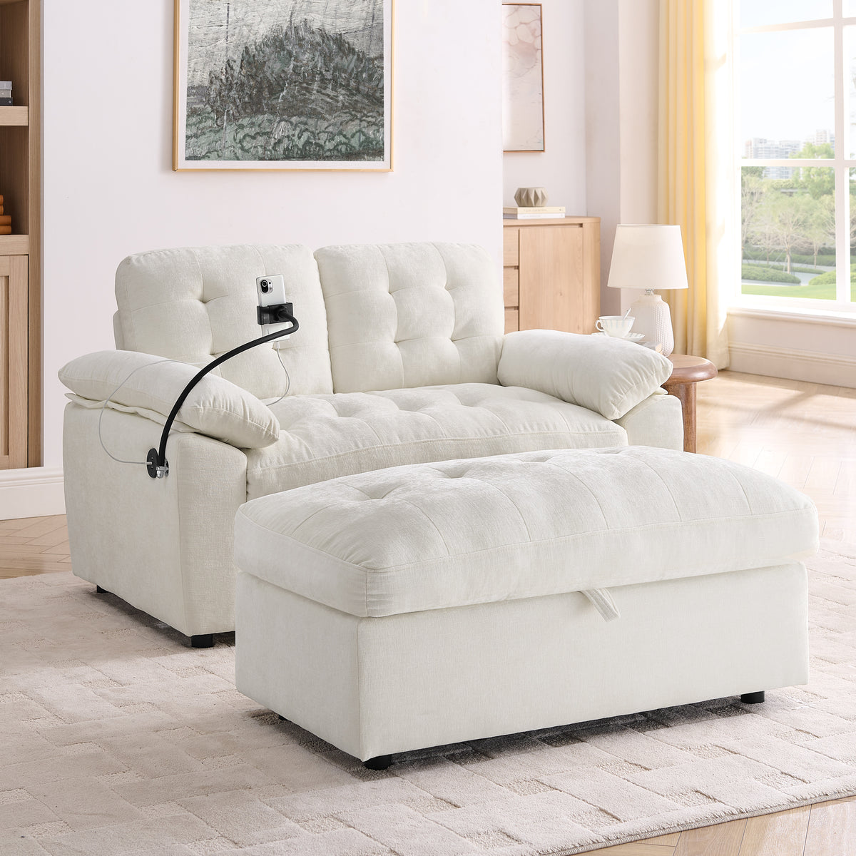 Leisure sofa chair,Double sofa recliner, with manually adjustable backrest, soft padded armrests, side USB charging port and phone stand, comes with a matching storage ottoman-Beige-W487S00520