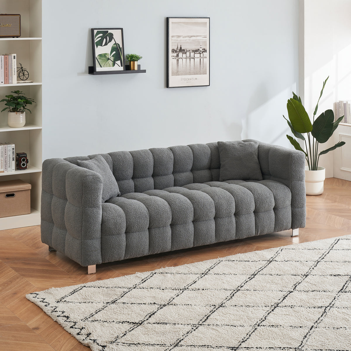Grey teddy fleece sofa 80 inch discharge in living room bedroom with two throw pillows hardware foot support W1278141700-djyc