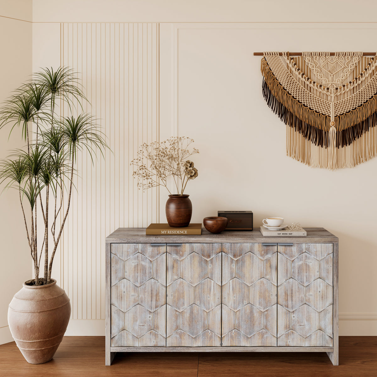 Accent Cabinet Farmhouse Style 4 Door Wooden Cabinet Sideboard Buffet Server Cabinet Storage Cabinet, for Living Room, Entryway, Hallway, Office, Kitchen and Dining Room, Natural Wood Wash W1435P151555-djyc