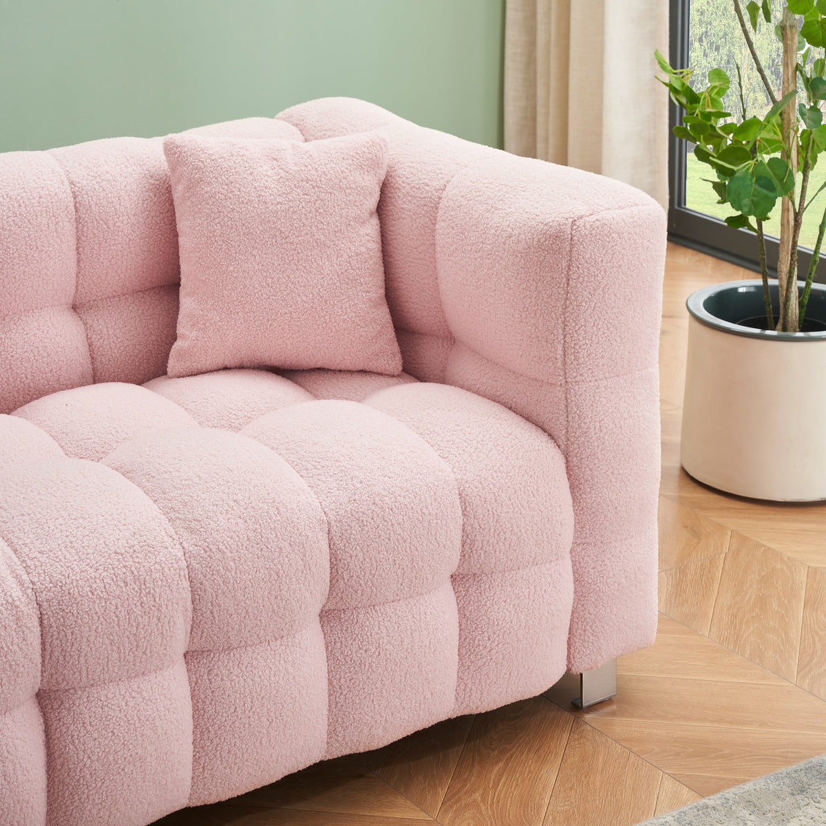 Stylish Addition: Pink Teddy Fleece Sofa - 80 Inch, Perfect for Living Room or Bedroom, Complete with Two Throw Pillows and Sturdy Hardware Foot Support W1278141689-djyc