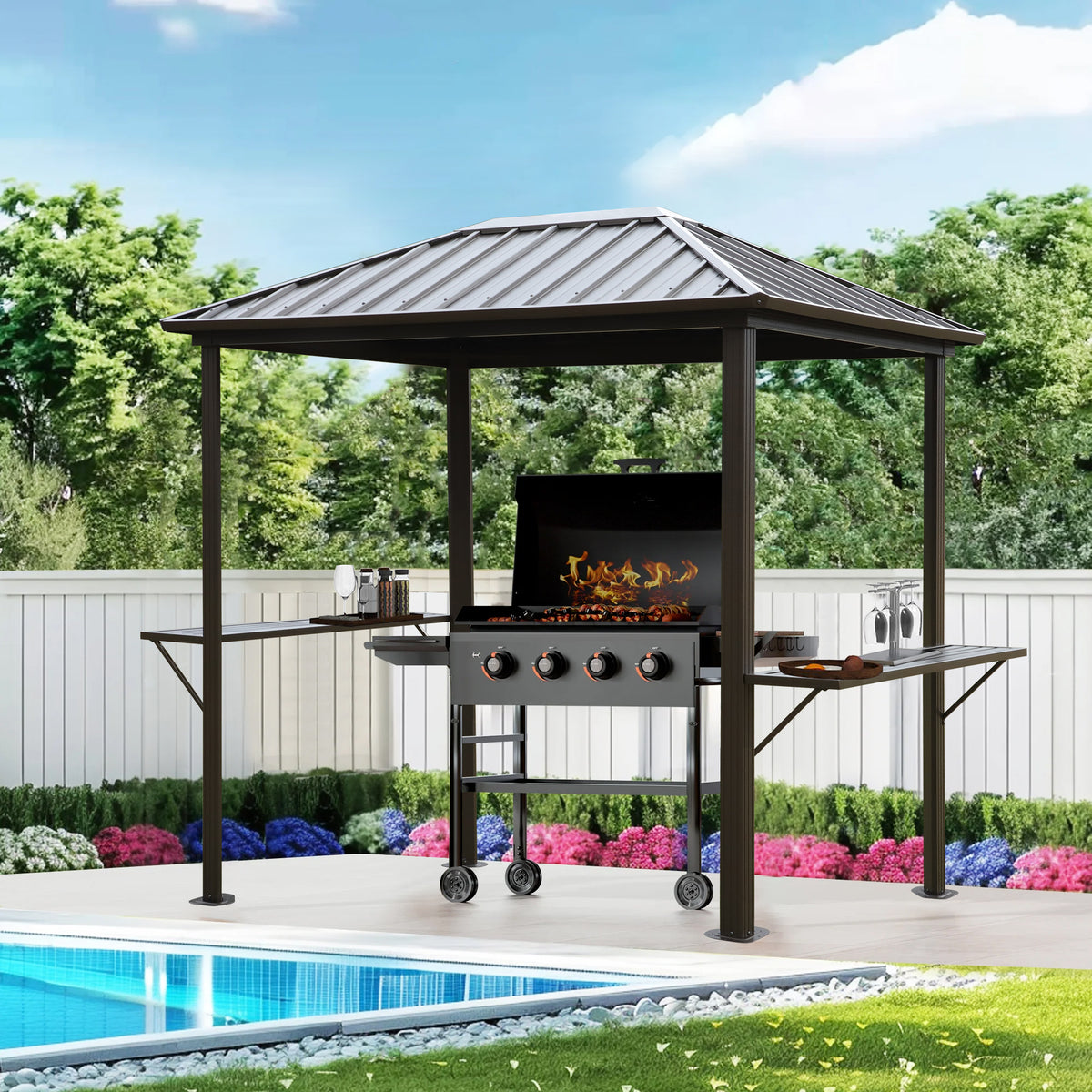 Grill Hardtop Gazebo 6x8 FT- Outdoor Metal Hard Top Gazebo, Permanent BBQ Gazebo with Galvanized Steel,Aluminum Framed Pavilion with Shelves for Patio Backyard Lawn Garden, Patio, Backyard Single Roof W419P276718-djyc