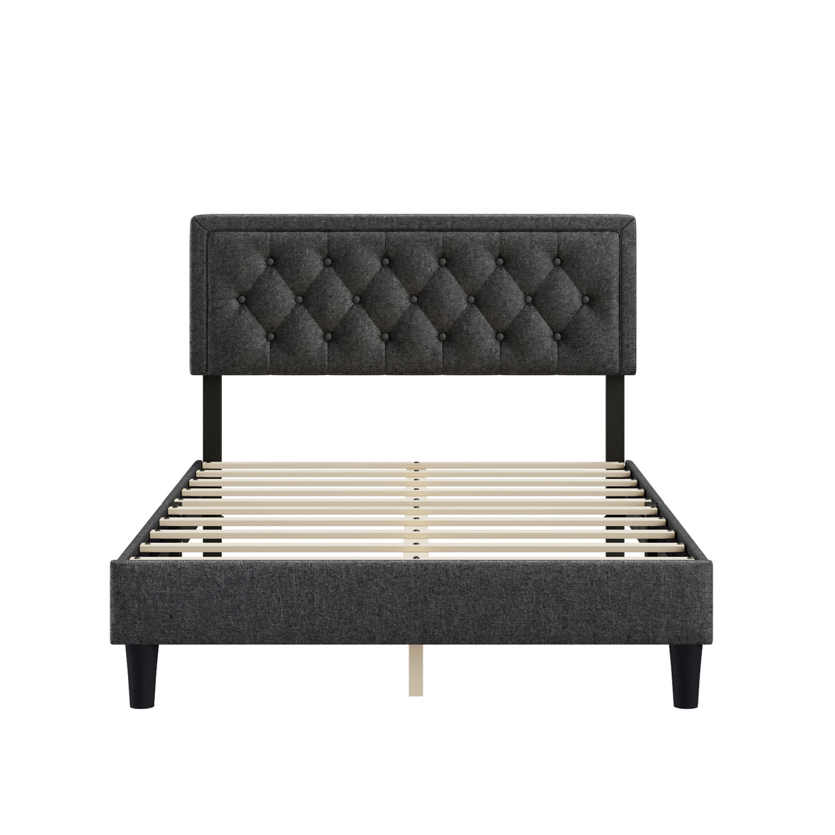 Full size Panel Bed Frame with Adjustable Button-Tufted Headboard for Bedroom/Linen Upholstered/Wood Slat Support/Easy Assembly,Dark Grey W1793140494-djyc