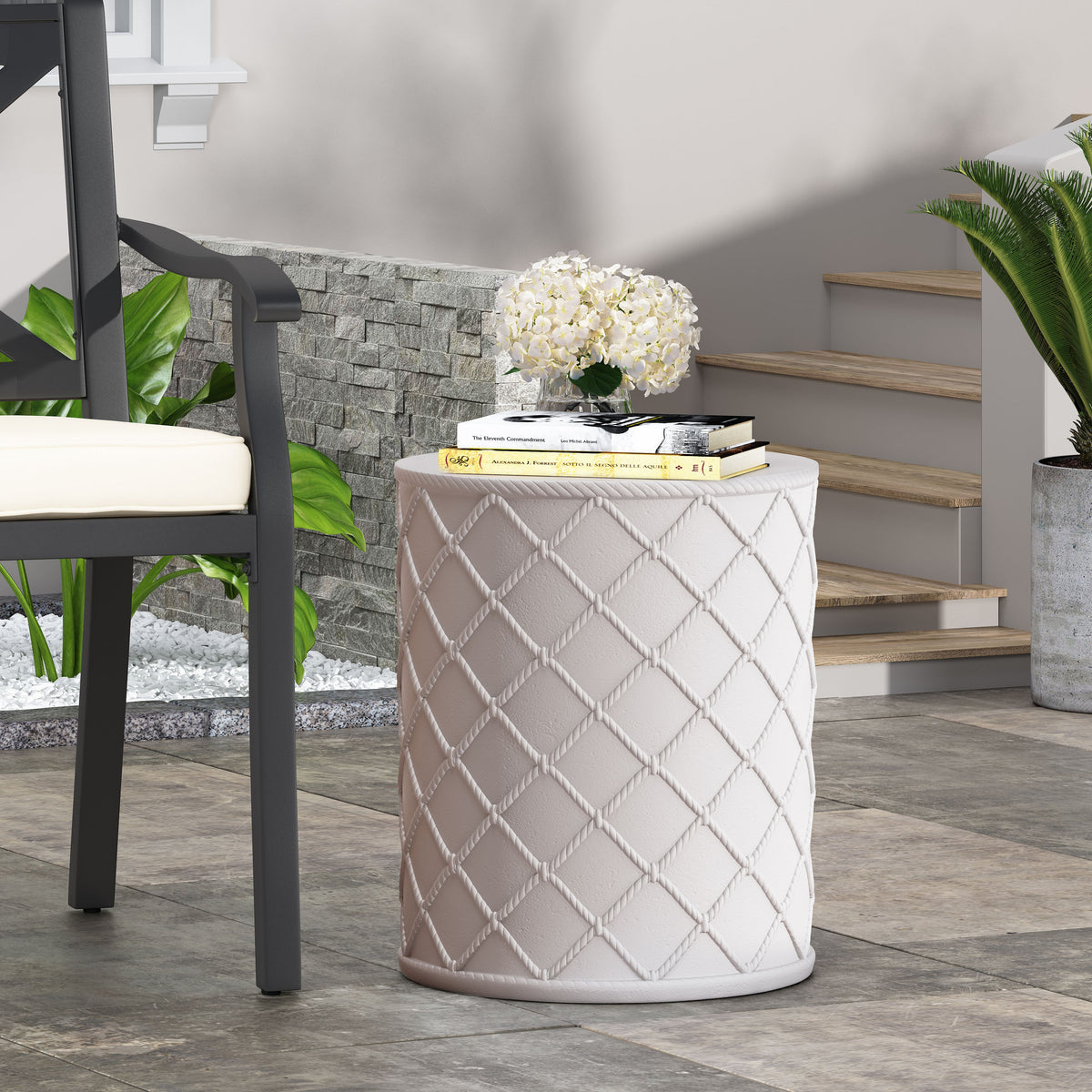 Chic Nautical-Inspired End Table – Lightweight Concrete, Cylindrical Shape with Diamond Rope Pattern, Ready to Use 73435-djyc