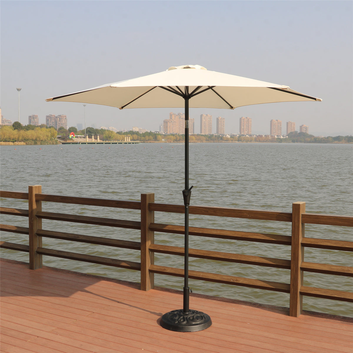8.8 feet Outdoor Aluminum Patio Umbrella, Patio Umbrella, Market Umbrella with 33 pounds Round Resin Umbrella Base, Push Button Tilt and Crank lift, Creme B010S00238-djyc