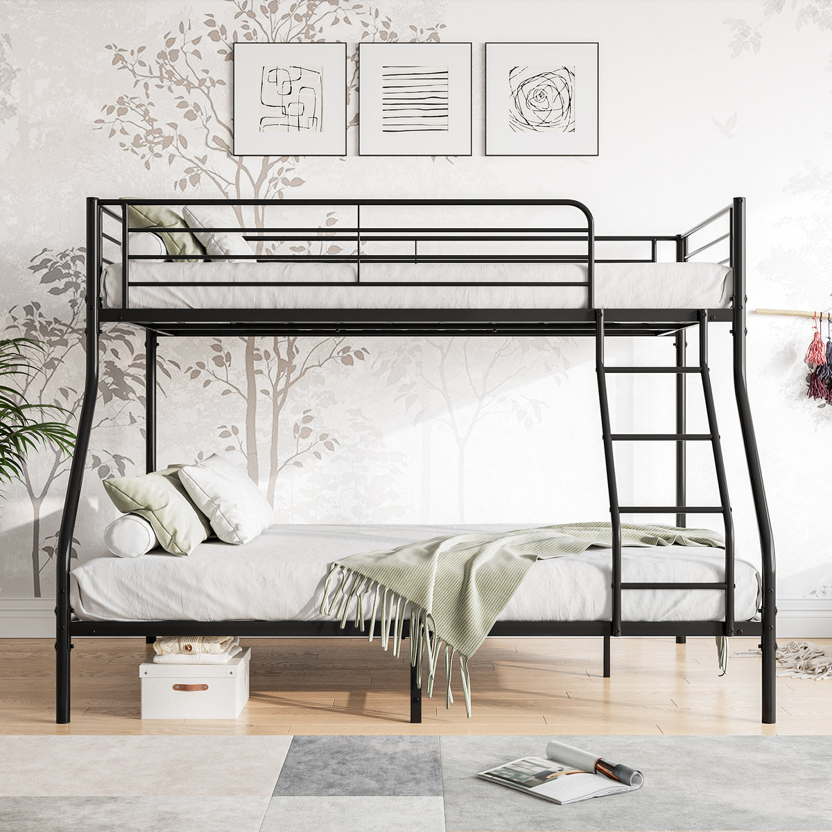 Heavy Duty Twin-Over-Full Metal Bunk Bed, Easy Assembly with Enhanced Upper-Level Guardrail, Black W84056876-djyc