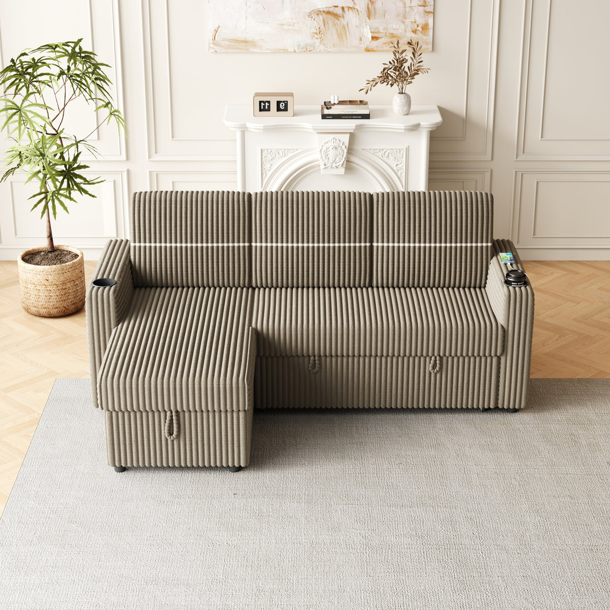85 Inches Corduroy Sofa Bed, 3 Seater Sleeper Sofa with Storage Chaise, Square Handrail With Two Cup-holder And USB Charge Port, Pull Out Couch for Living Room W834S00271-djyc