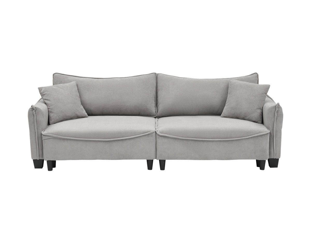 Sofa with Grey Corduroy Fabric, Convertible to Sofa Bed with Two Throw Pillows: Perfect for Living Rooms & Versatile Spaces W1278S00041-djyc