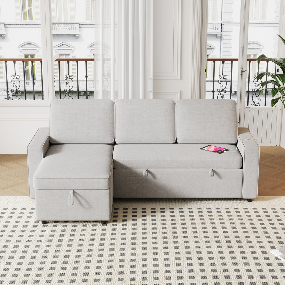 85.8" Pull Out Sleeper Sofa L-Shaped Couch Convertible Sofa Bed with Storage Chaise And Storage Racks,With USB Port And T-pyce Port W834S00267-djyc