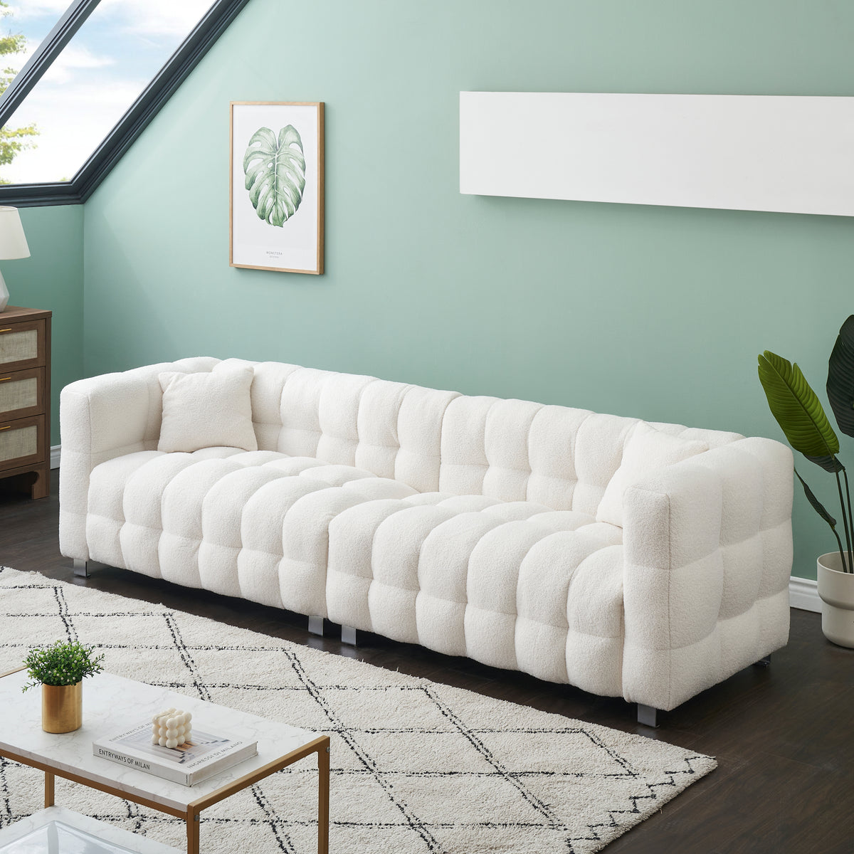 Spacious 102-Inch Beige Teddy Fleece Sofa for Living Room, Bedroom, or Apartment - Comes with Two Comfy Throw Pillows & Supported by Sturdy Hardware Feet W1278S00021-djyc