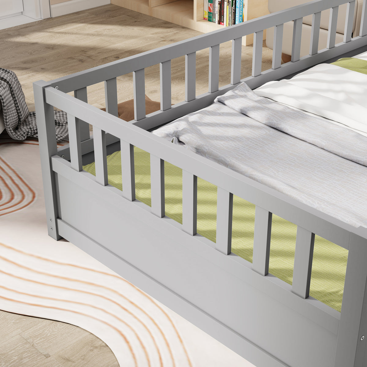 Twin Size Floor bed, integral construction with super high security barrier, door, children's floor bed frame, Montessori wooden children's floor bed, Support slat Grey W1858P164941-djyc