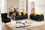 Lippa 3pc Upholstered Sofa, Loveseat and Chair Set in Black Fabric with Gold Stainless Steel Legs, Foam Cushioning and Sturdy Wood Frame-B009S02236