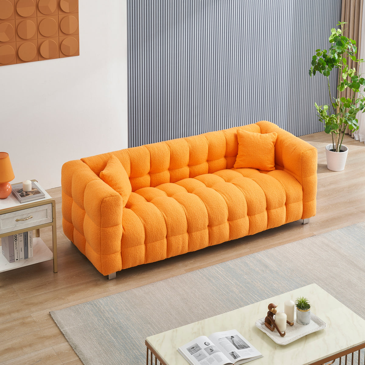 80-Inch Orange Teddy Fleece Sofa for Living Room or Bedroom, Including Two Throw Pillows & Sturdy Hardware Foot Support W1278P173376-djyc