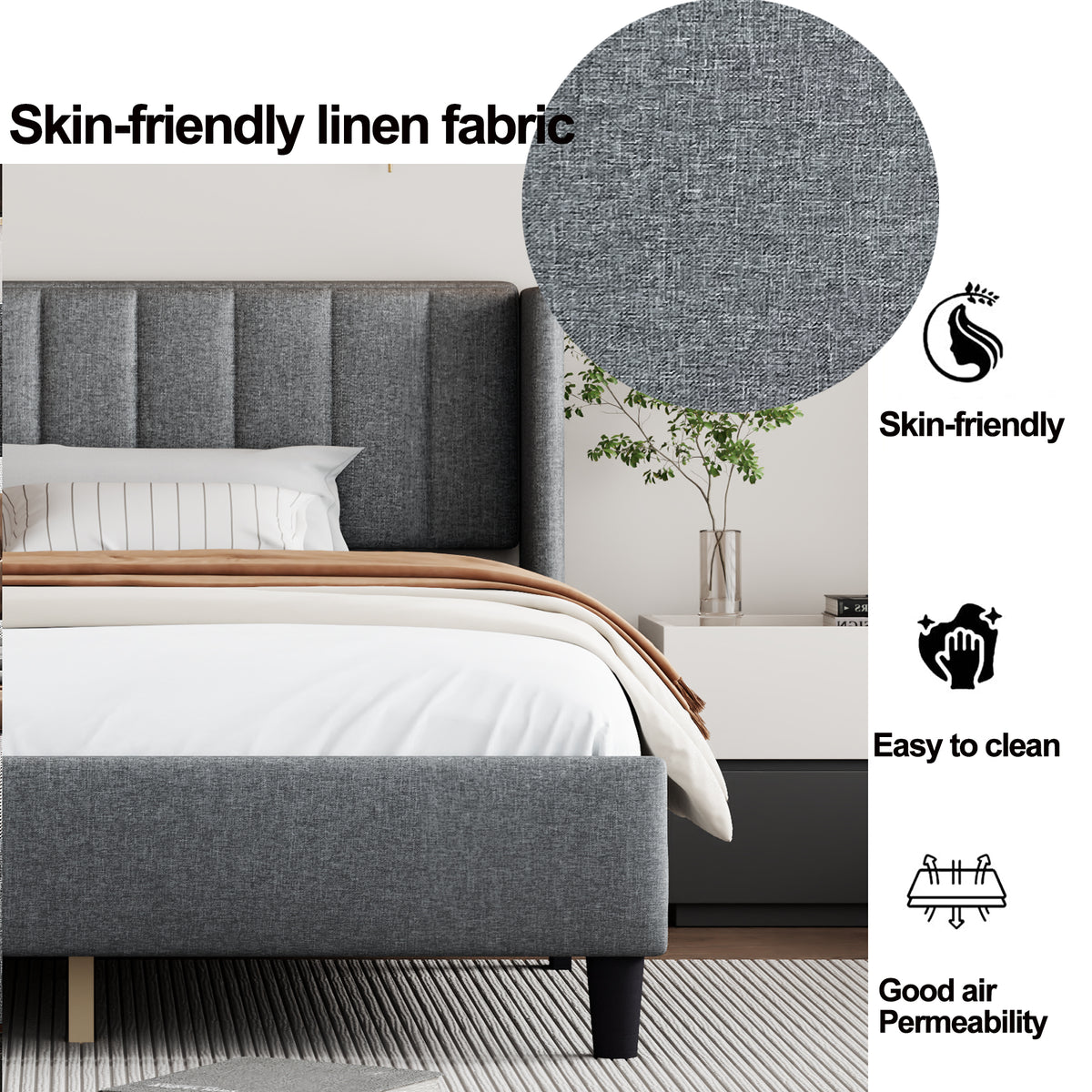 Queen size Upholstered Platform Bed Frame with Headboard, Mattress Foundation, Wood Slat Support, Quiet, no Box Spring Needed, Easy to Assemble Light Grey W1793140457-djyc