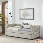 Upholstered Twin Size Daybed with Two Drawers, with Button and Copper Nail on Square Arms, Beige (82.75''x43''x30.75'') W487S00217-djyc