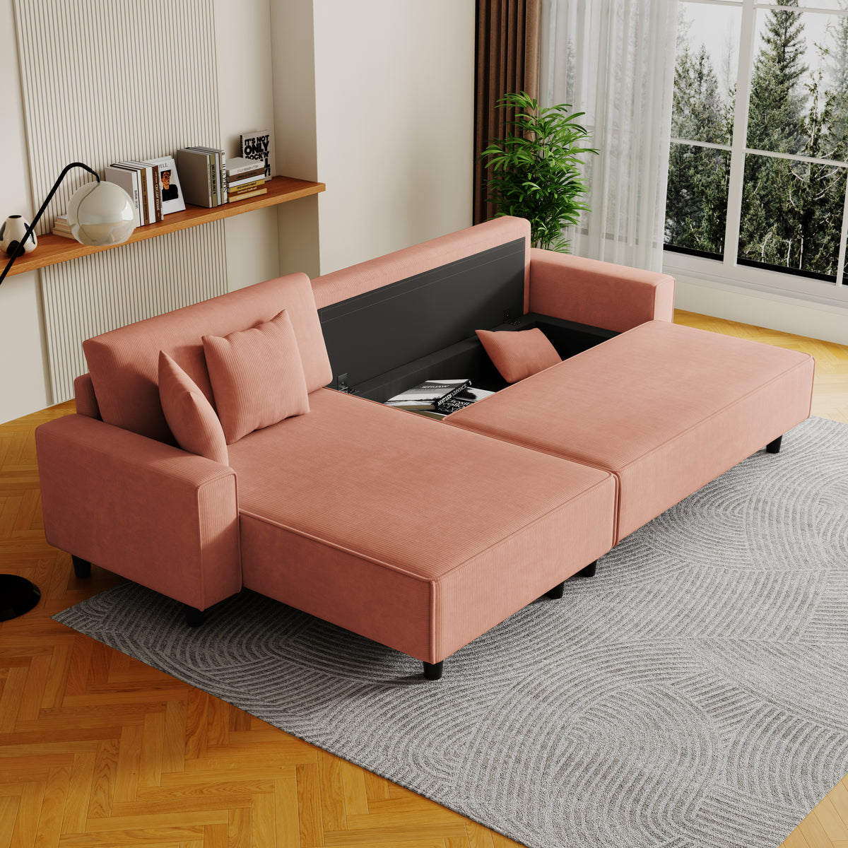 Spacious 93-Inch Orange Corduroy Sofa Bed with Two Pillows - Ideal for Living Room or Apartment, Ensuring a Roomy & Uncluttered Space W1278S00024-djyc