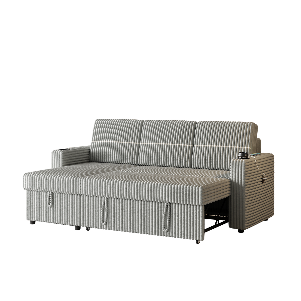85 Inches Corduroy Sofa Bed, 3 Seater Sleeper Sofa with Storage Chaise, Square Handrail With Two Cup-holder And USB Charge Port, Pull Out Couch for Living Room W834S00269-djyc