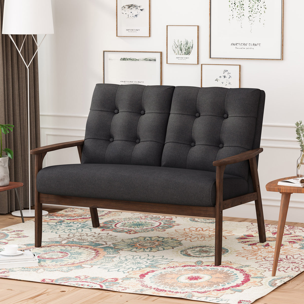 Tufted Loveseat with Button Detailing, Charcoal Gray Fabric, Rubberwood Legs, Elegant Waffle Stitching 65343.00BLK-djyc