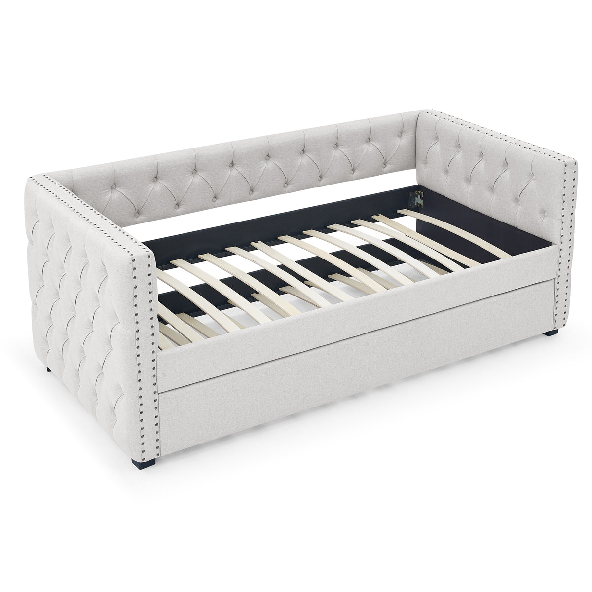Daybed with Trundle Upholstered Tufted Sofa Bed, with Button and Copper Nail on Square Arms,both Twin Size, Beige(85"x42.5"x31.5") W487S00104-djyc