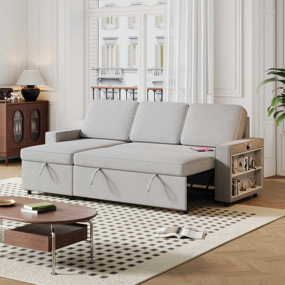 85.8" Pull Out Sleeper Sofa L-Shaped Couch Convertible Sofa Bed with Storage Chaise And Storage Racks,With USB Port And T-pyce Port W834S00267-djyc