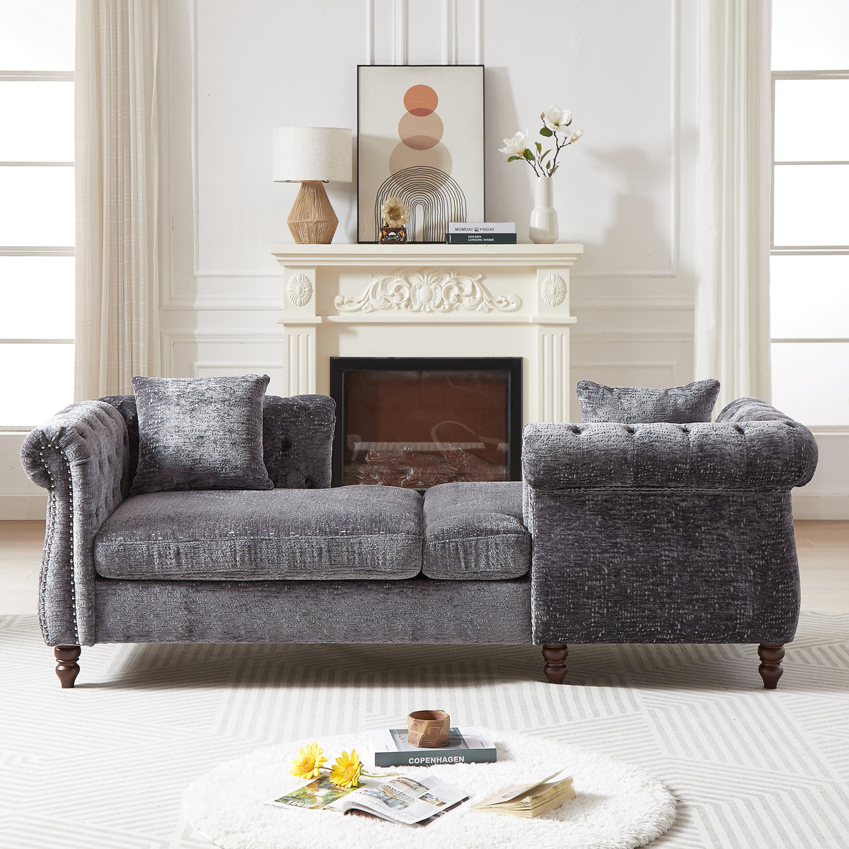 81-inch Chenille Face-to-face Chaise Lounge with Two Pillows,Nailhead trim,Button Tufted Design and Rolled Arms for Lounge, Living room and Office W834S00316-djyc