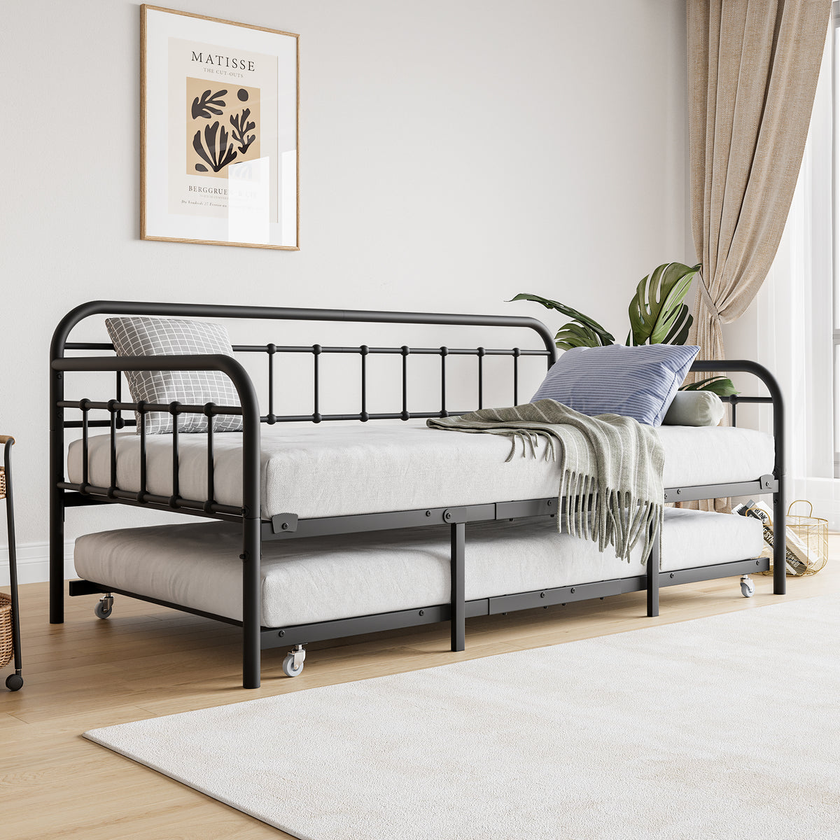 Twin Size Metal Daybed Frame with Trundle, Heavy Duty Steel Slat Support Sofa Bed Platform with Headboard, No Box Spring Needed, Black W840103518-djyc