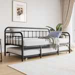 Twin Size Metal Daybed Frame with Trundle, Heavy Duty Steel Slat Support Sofa Bed Platform with Headboard, No Box Spring Needed, Black W840103518-djyc