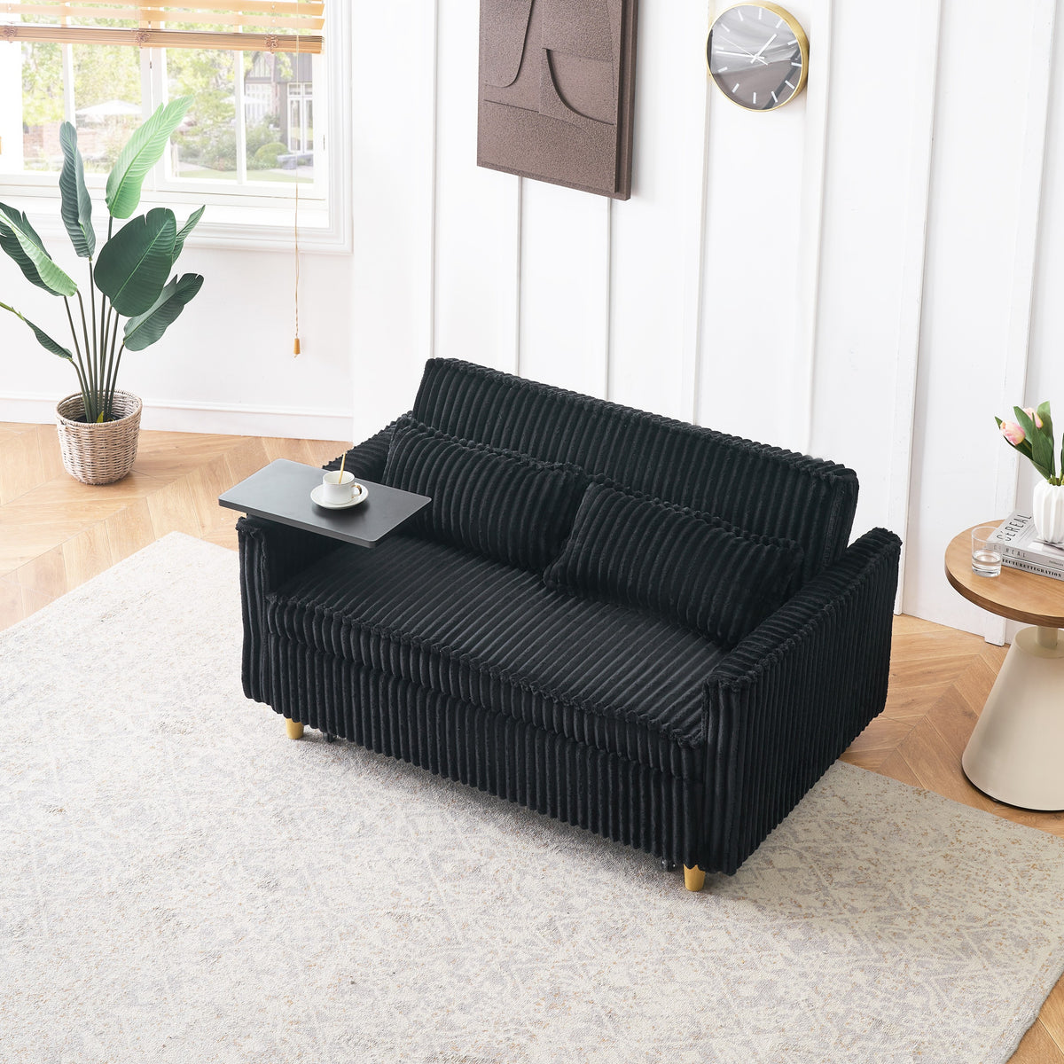 The pull-out and push-in black corduroy sofa with dual functions, equipped with a movable tabletop and USB ports, is suitable for use in living rooms and bedrooms. W1278P248131-djyc