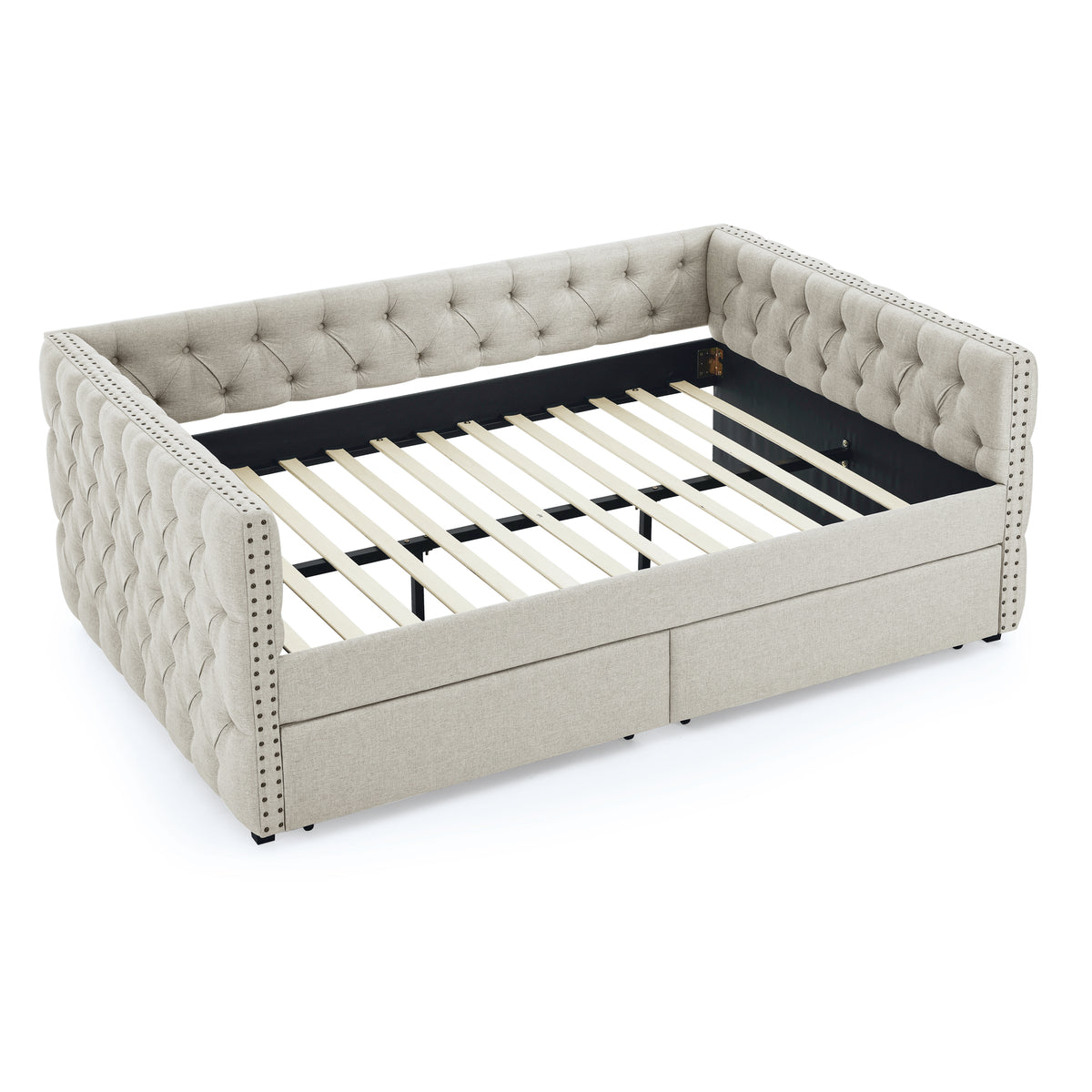 Upholstered Full Size Daybed with Two Drawers, with Button and Copper Nail on Square Arms, Beige (82.75''x58''x30.75'') W487S00219-djyc