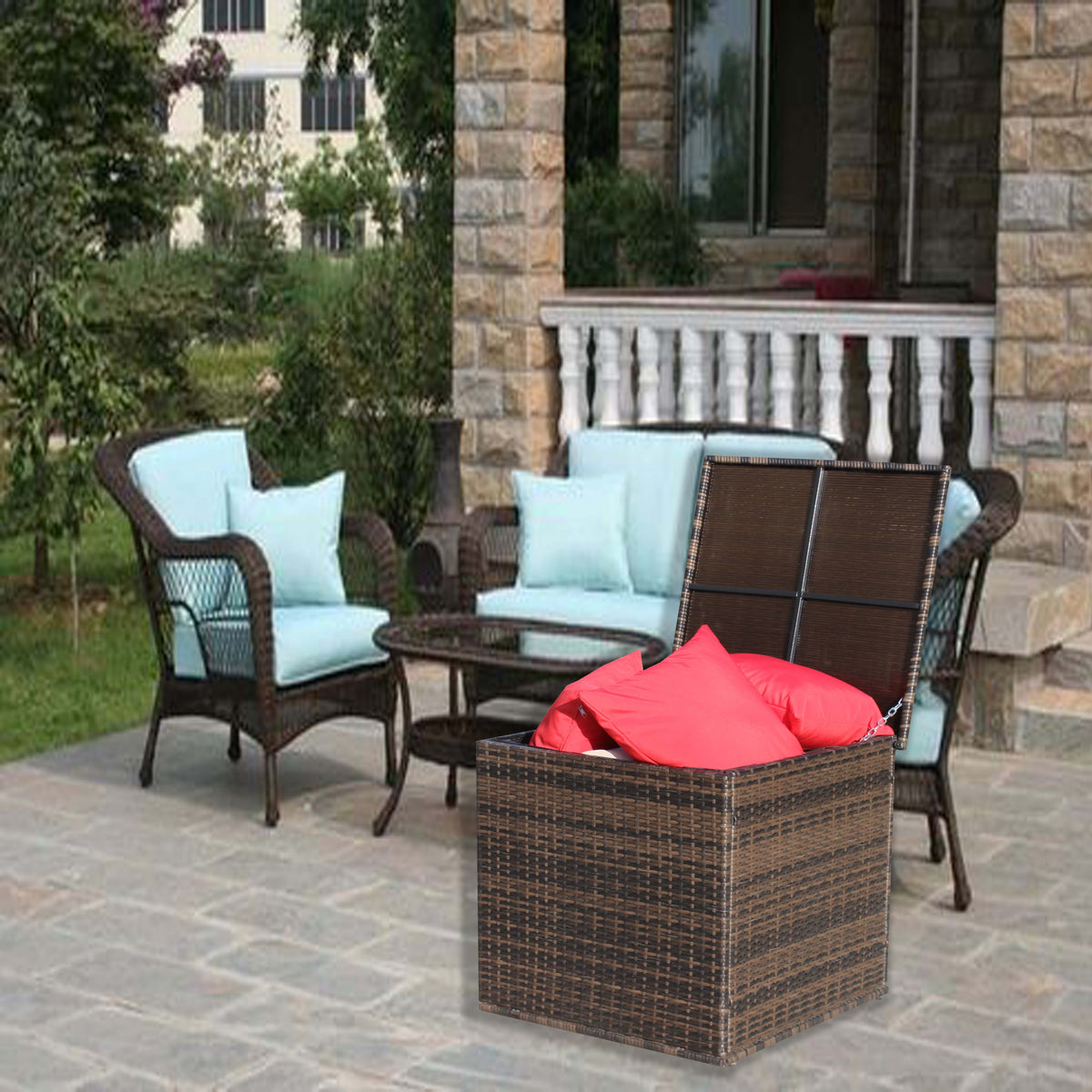 Weather-Resistant Brown Wicker/Rattan Deck Box with Hinged Top for Cushions and Outdoor Storage(Brown ) W20967097-djyc