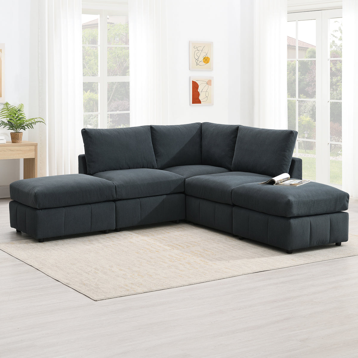 93'Modern Sectional Sofa with Vertical Stripes,5-Seat Armless Couch Set with Convertible Ottomans,Various Combinations,L-Shape Indoor Furniture for Living Room,Apartment, 2 Colors GS000199AAE-djyc
