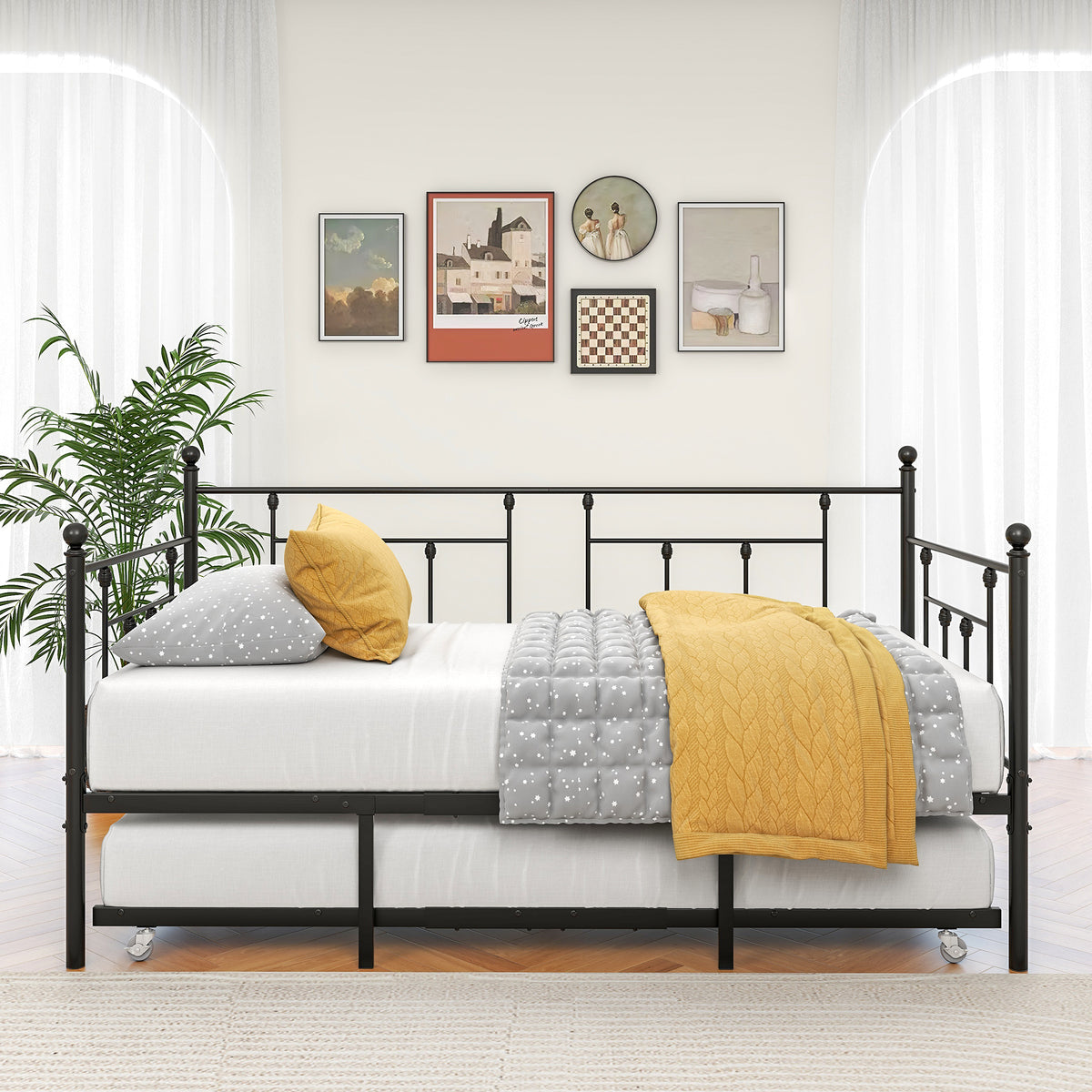 Metal Daybed Frame Twin Size Platform with trundle , No Box Spring Needed Black W840104493-djyc