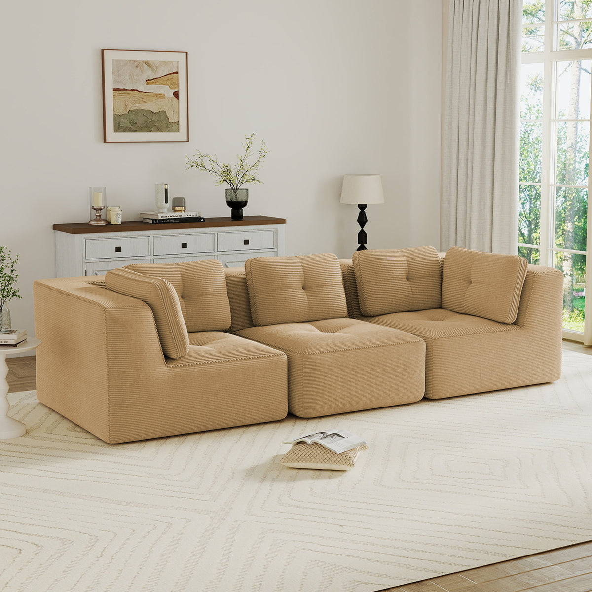 Modern Modular Sectional Sofa for Living Room, Corduroy Fabric, Oversized 3-Seaterwith Deep Seat , Pearl-like piping, Tufted Design, No Assembly, Anti-slip Design, Camel-W714S01783