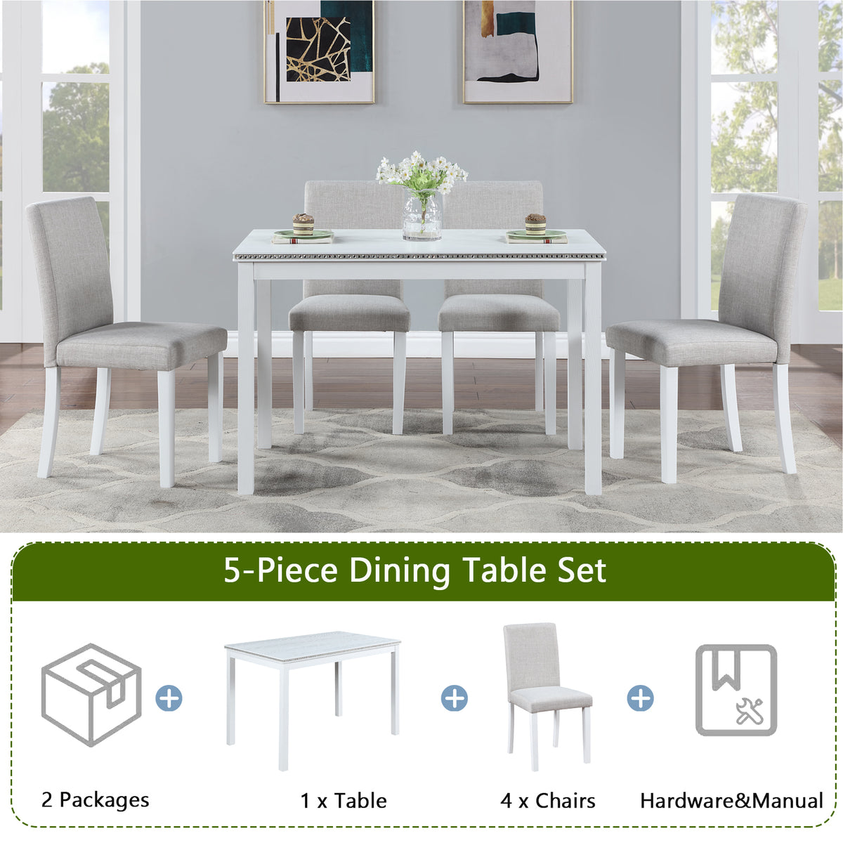 5 Piece Wooden Dining Table Set, Kitchen Table Set with a Rectangular Table and 4 Upholstered Chairs, Wooden Dining Room Table with Crystal Decoration and Chairs Set for Kitchen, Dining Room, White W1998S00049-djyc
