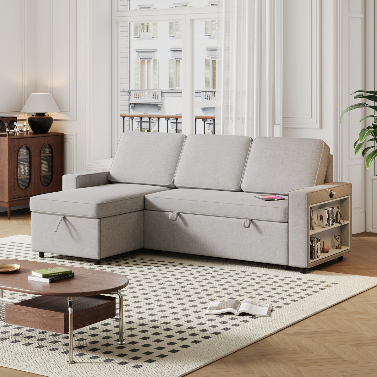 85.8" Pull Out Sleeper Sofa L-Shaped Couch Convertible Sofa Bed with Storage Chaise And Storage Racks,With USB Port And T-pyce Port W834S00267-djyc