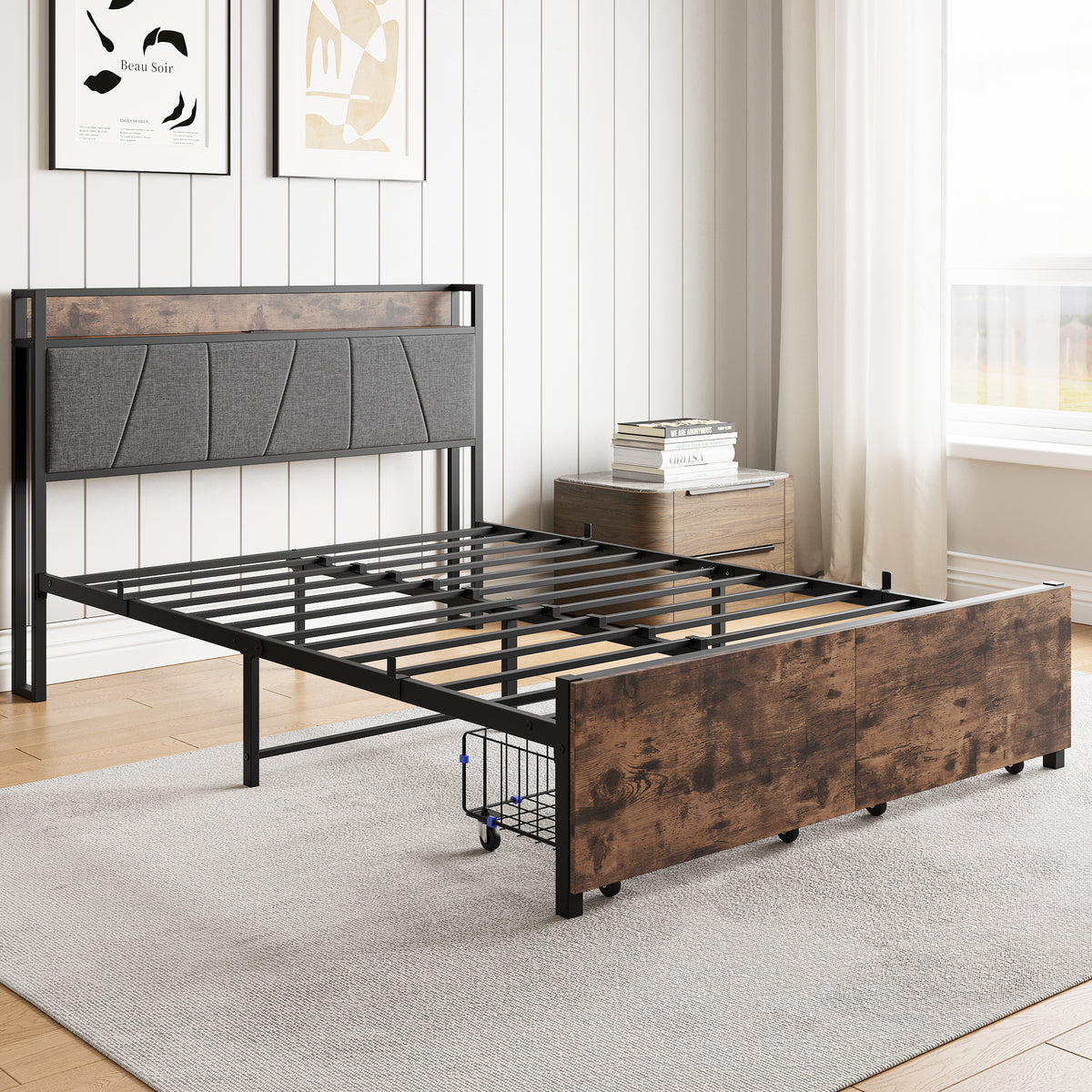 Full Size Bed Frame, Storage Headboard with Charging Station and 2 Storage Drawers,Vintage Brown and Gray W840137806-djyc