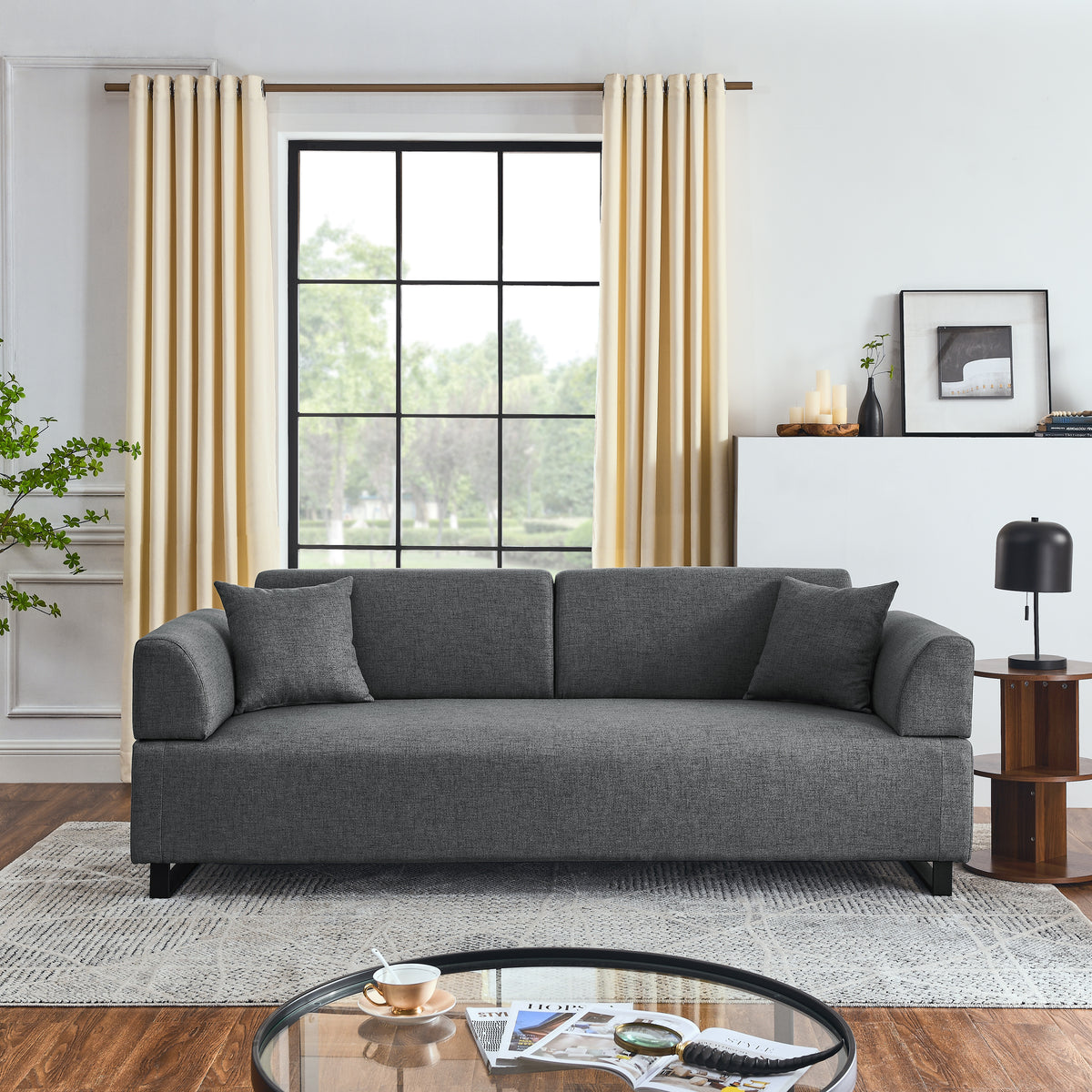 Linen Fabric 3 Seat Sofa with Two End Tables and Two Pillows, Removable Back and Armrest, Morden Style Upholstered 3-Seat Couch for Living Room W487139512-djyc