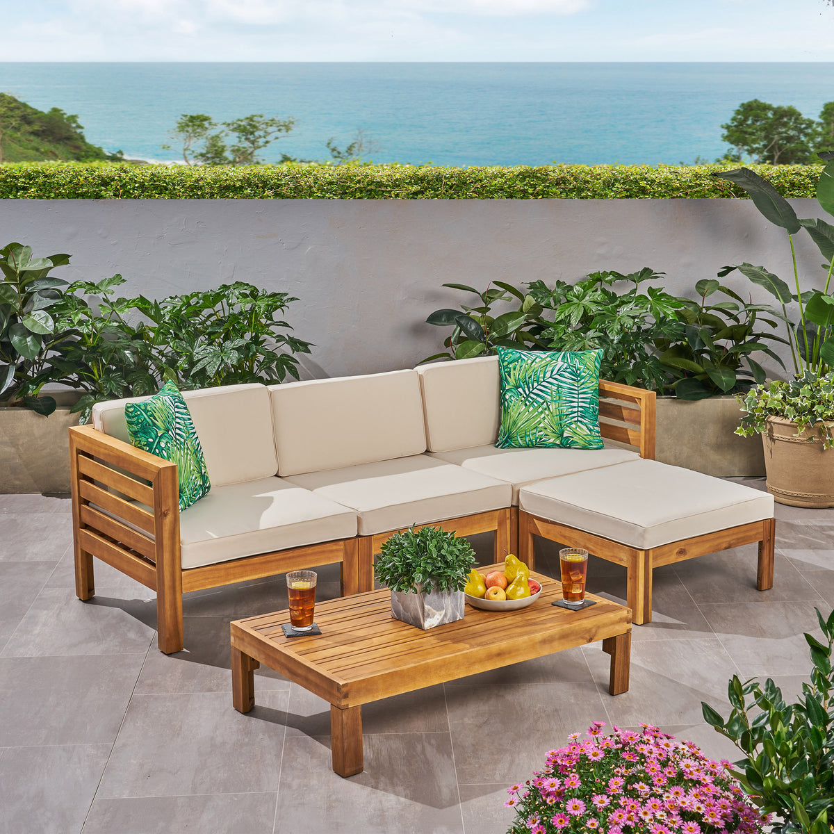 Acacia Wood Outdoor Sofa Set with Water-Resistant Cushions – Includes 3-Seater Sofa, Ottoman, and Coffee Table Beige 63705.00BGE-djyc