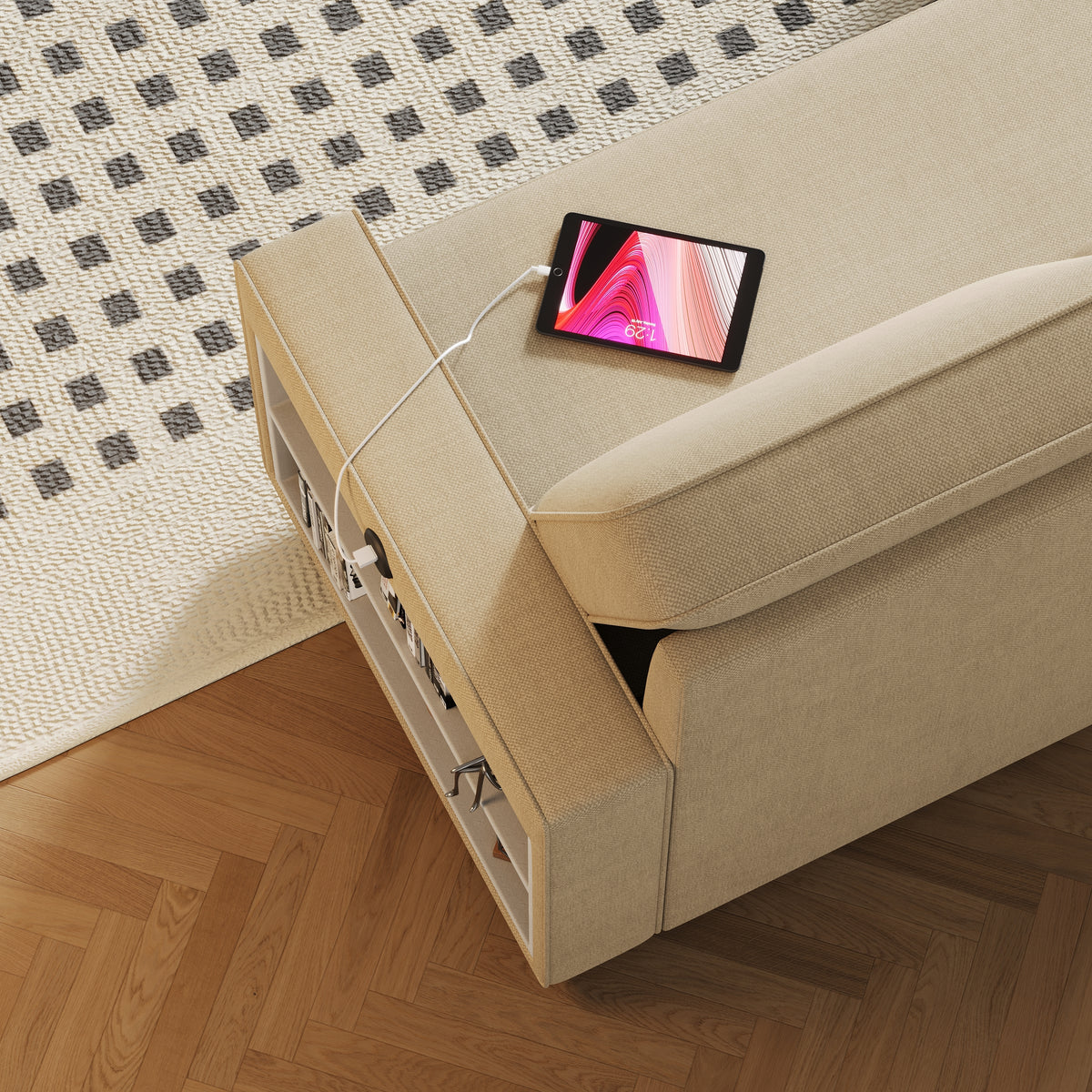 85.8" Pull Out Sleeper Sofa L-Shaped Couch Convertible Sofa Bed with Storage Chaise And Storage Racks,With USB Port And T-pyce Port W834S00266-djyc