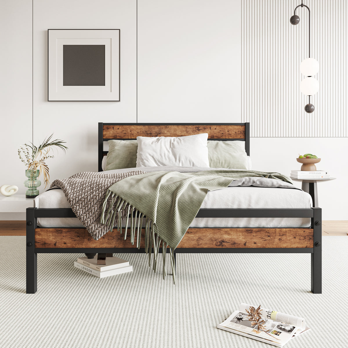Full Size Platform Bed Frame with Rustic Vintage Wood Headboard, Strong Metal Slats Support, No Box Spring Needed W840P144083-djyc