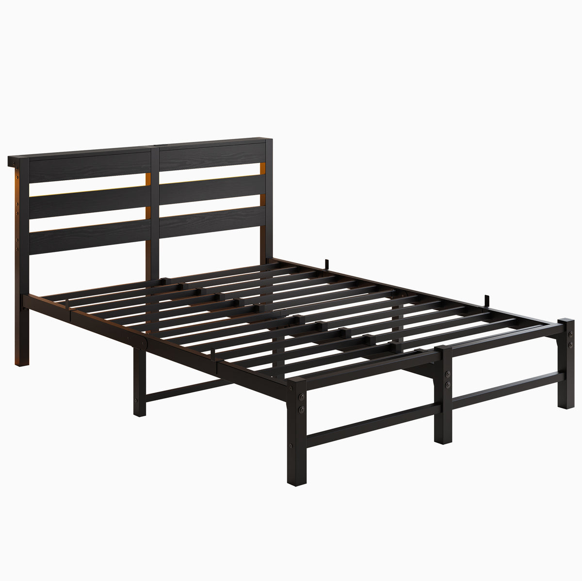 Full Size Metal Bed Frame with Wooden Headboard, RGB Lights, Outlets & Charger, Storage Shelf, Noise-Free, No Box Spring Needed W840P209906-djyc