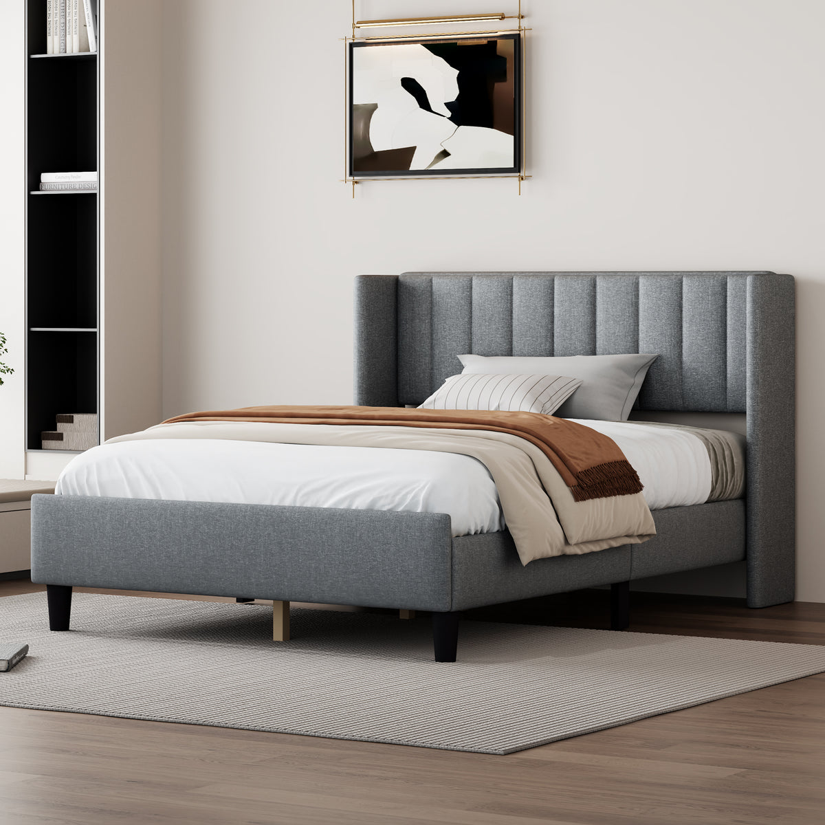 Queen size Upholstered Platform Bed Frame with Headboard, Mattress Foundation, Wood Slat Support, Quiet, no Box Spring Needed, Easy to Assemble Light Grey W1793140457-djyc