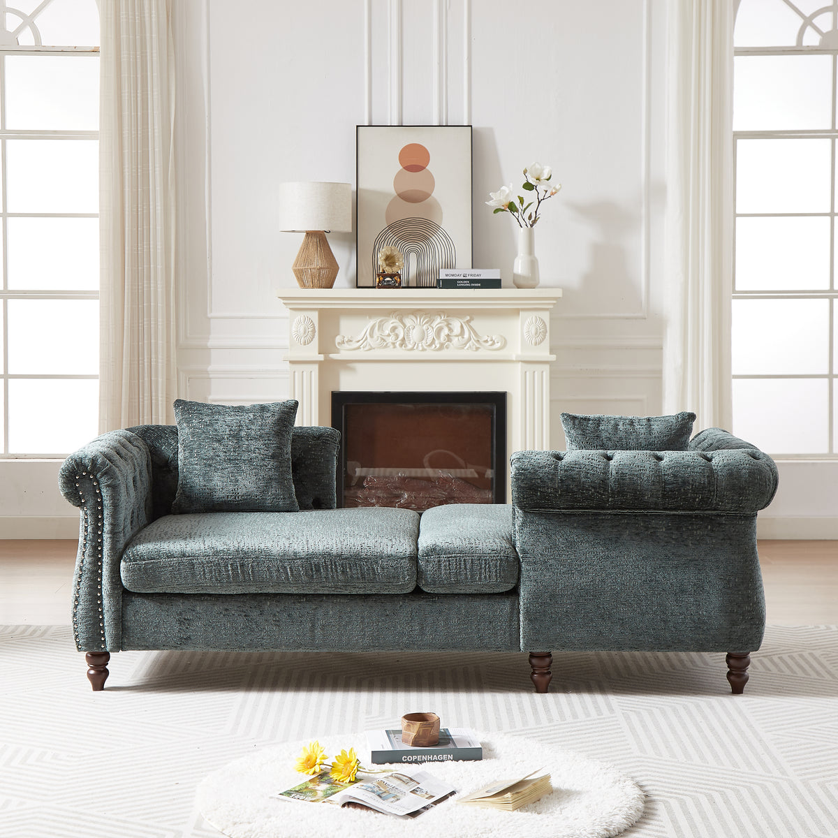 81-inch Chenille Face-to-face Chaise Lounge with Two Pillows,Nailhead trim,Button Tufted Design and Rolled Arms for Lounge, Living room and Office W834S00318-djyc