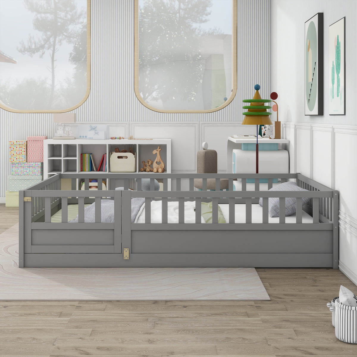 Full sizeFloor bed, integral construction with super high security barrier, door, children's floor bed frame, Montessori wooden children's floor bed,Grey W1858P164934-djyc